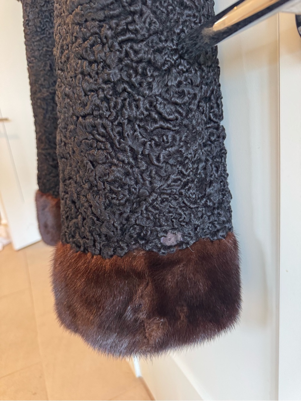 Black Faux Shearling Coat with Brown Fur Trim - Picture 9 of 9